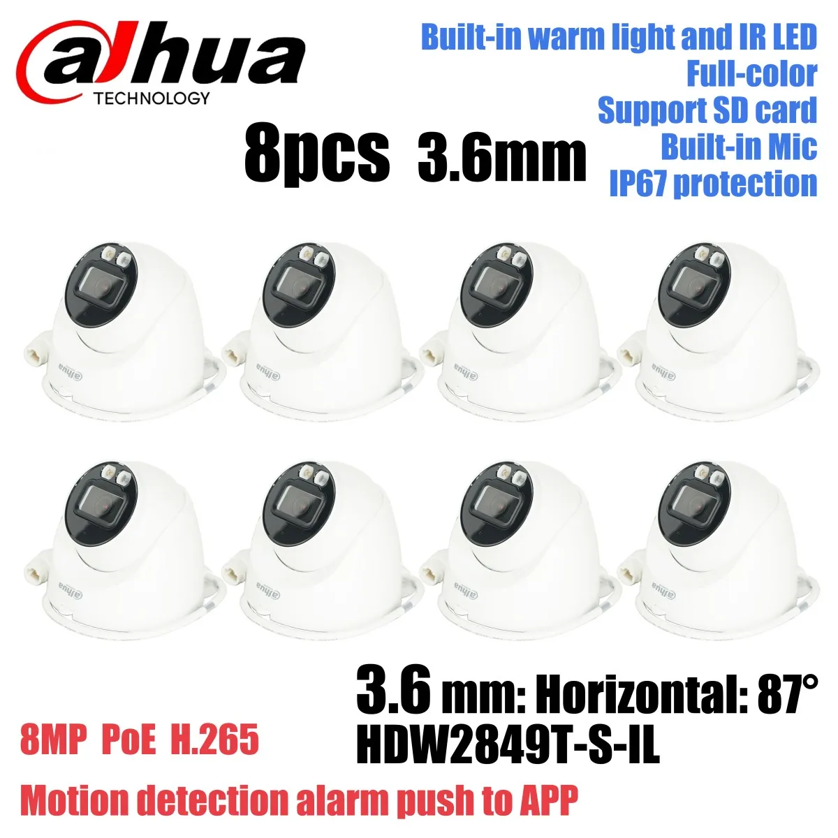8x HDW2849T-S-IL Dahua 8MP Smart Dual Light Augapfel-WizSense-IP-Kamera mit fester Brennweite, integriertes warmes Licht und IR-LED-Mikrofon