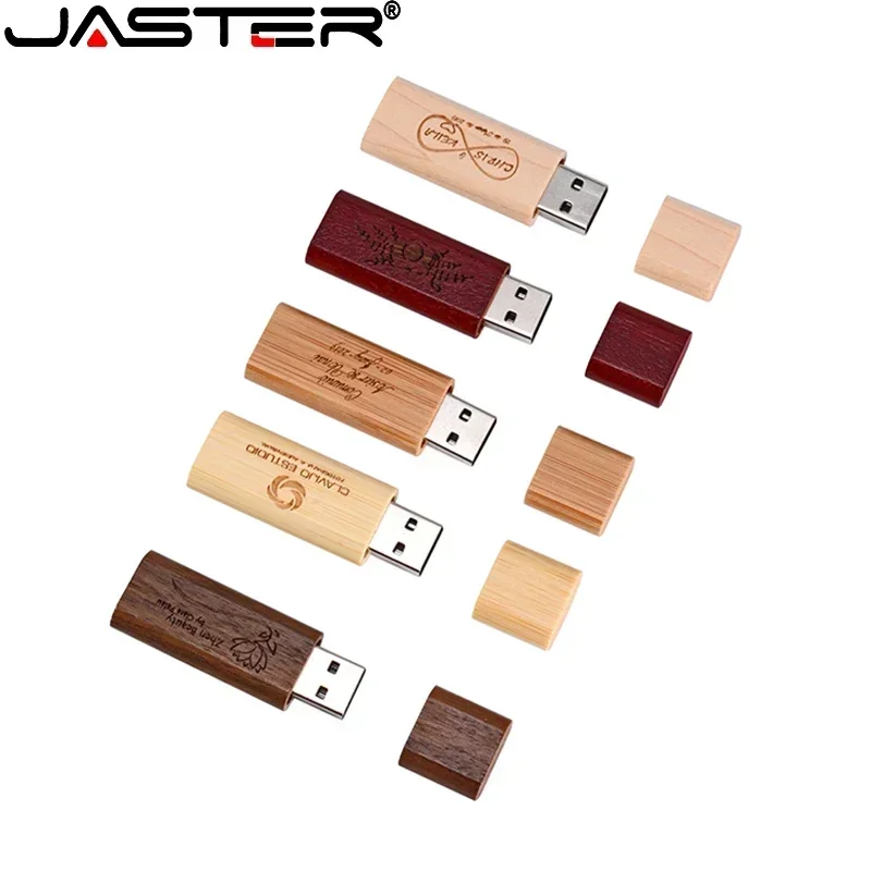 JASTER Logotipo personalizado gratuito Unidades flash USB 2.0 de madera Bambú con caja Memory stick 16GB Pen Drive 32GB 64GB Regalo de boda USB stick