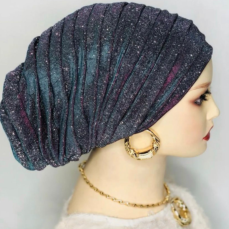 Glitter corpo inteiro plissado turbante boné para mulher 2023 senhora cabeça envolve lenço muçulmano chapéu turbante mujer africano headpiece