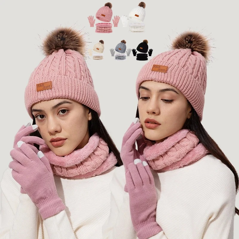 3 unids/set de gorro de invierno para mujer, bufanda, guantes, bola de piel sintética, gorro tejido para adolescentes y niñas, traje más cálido con orejas cálidas, conjunto de gorro para mujer