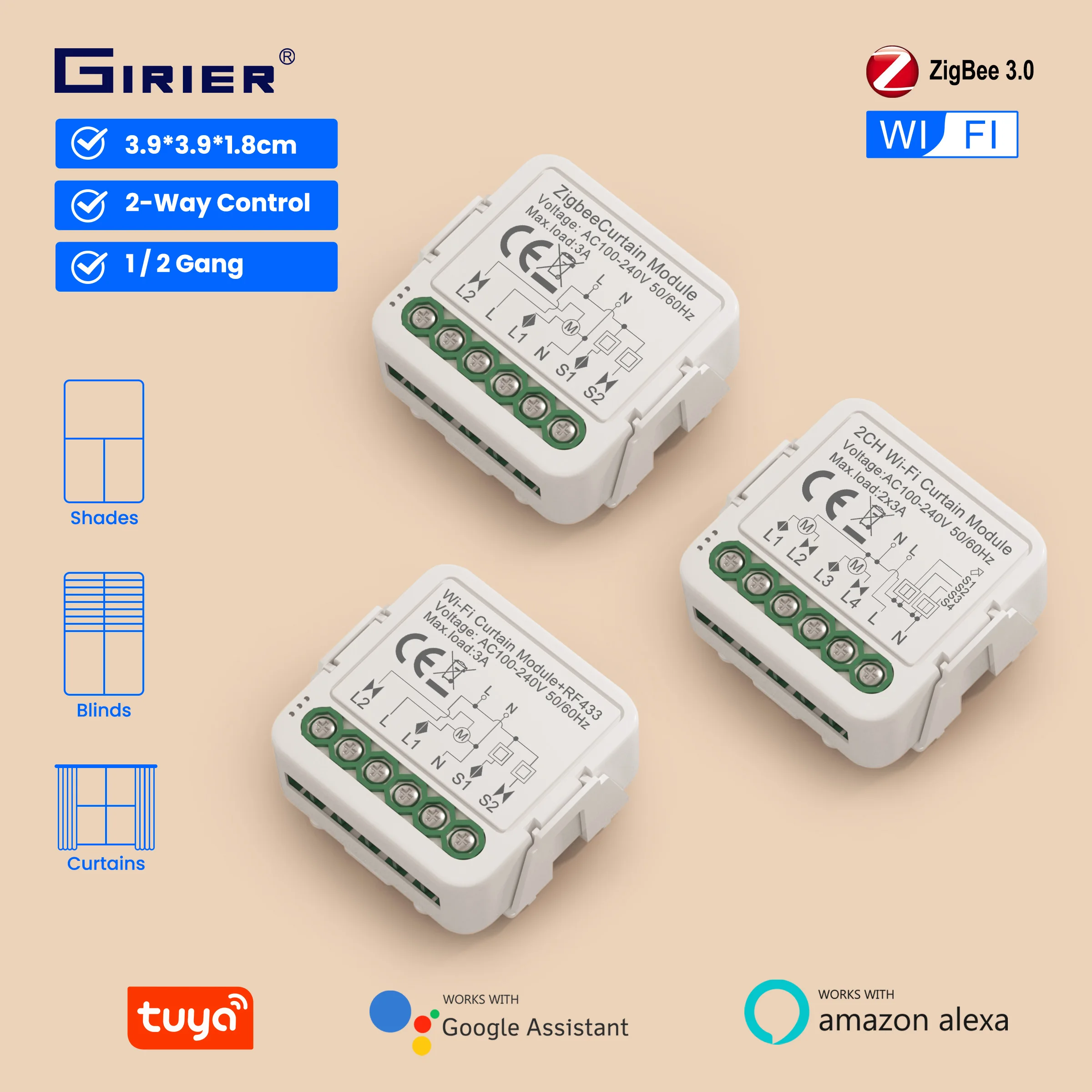 GIRIER Tuya WiFi RF433 Módulo de interruptor de cortina ZigBee Interruptor de cortina inteligente para persianas de persiana funciona com Alexa Ei Google