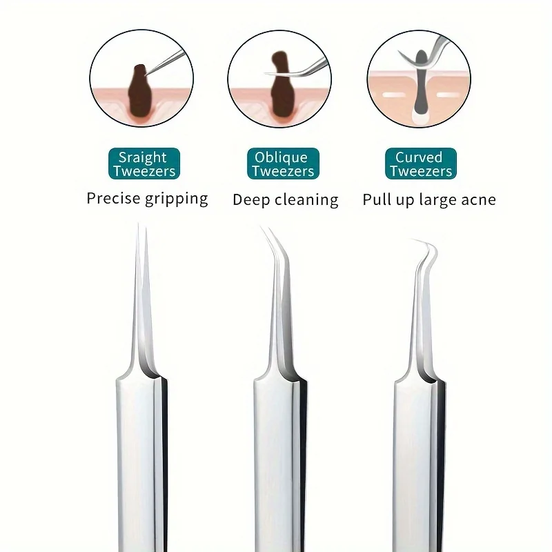 Set da 3 pinze per brufoli in acciaio inossidabile, aghi, rimozione di punti neri e pinzette per diverse problemi beige chiari