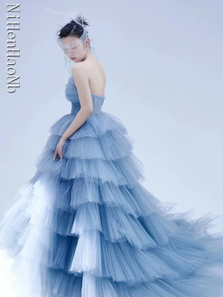 Синие платья принцессы Quinceanera, многослойное вечернее платье без бретелек, сексуальное вечернее платье с скользящим хвостом