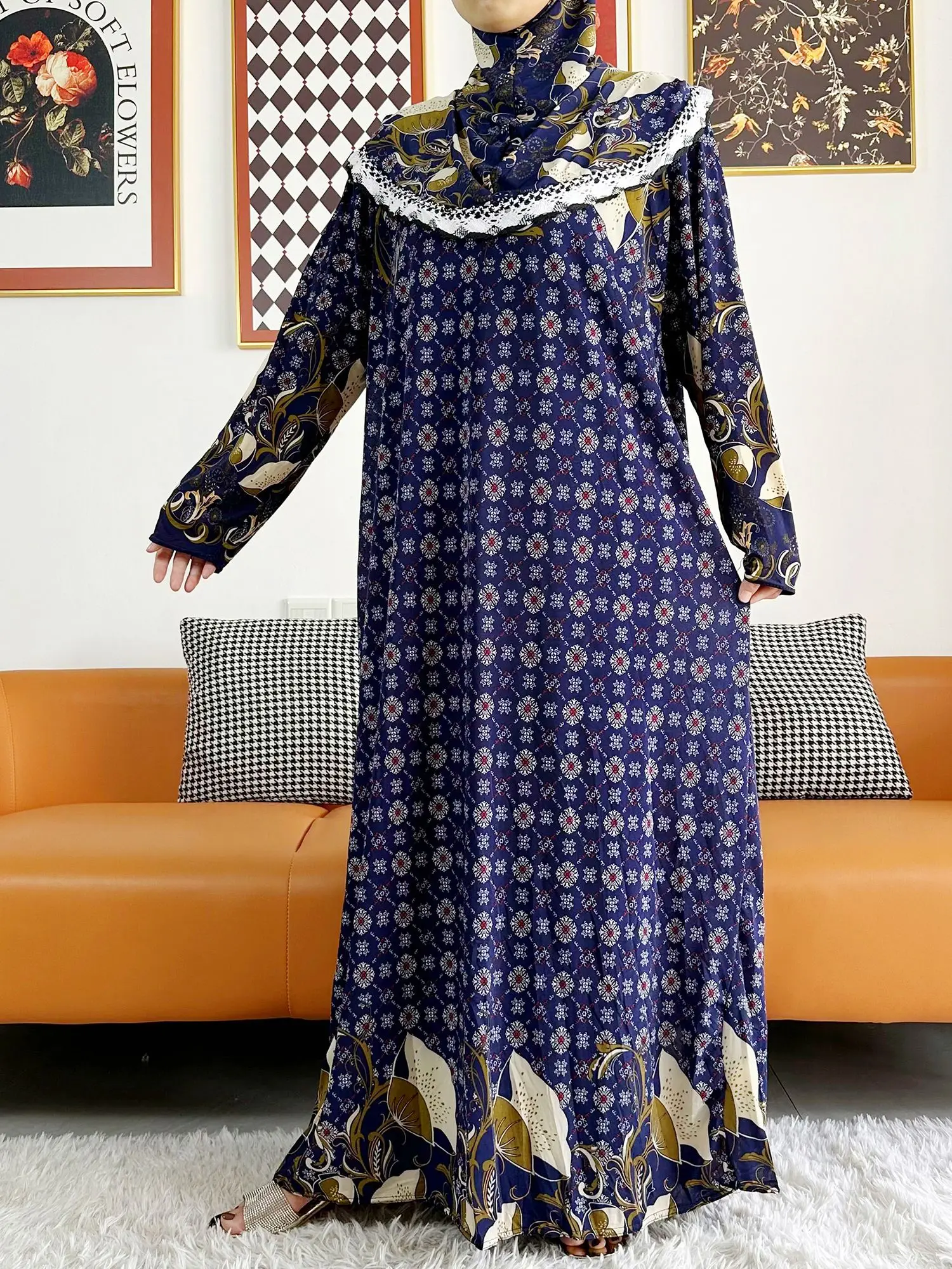 2023 イスラム教徒固体綿アバヤ女性のためのラマダン祈り衣服ジョイント帽子ドバイトルコ中東ファムローブ花ルーズドレス