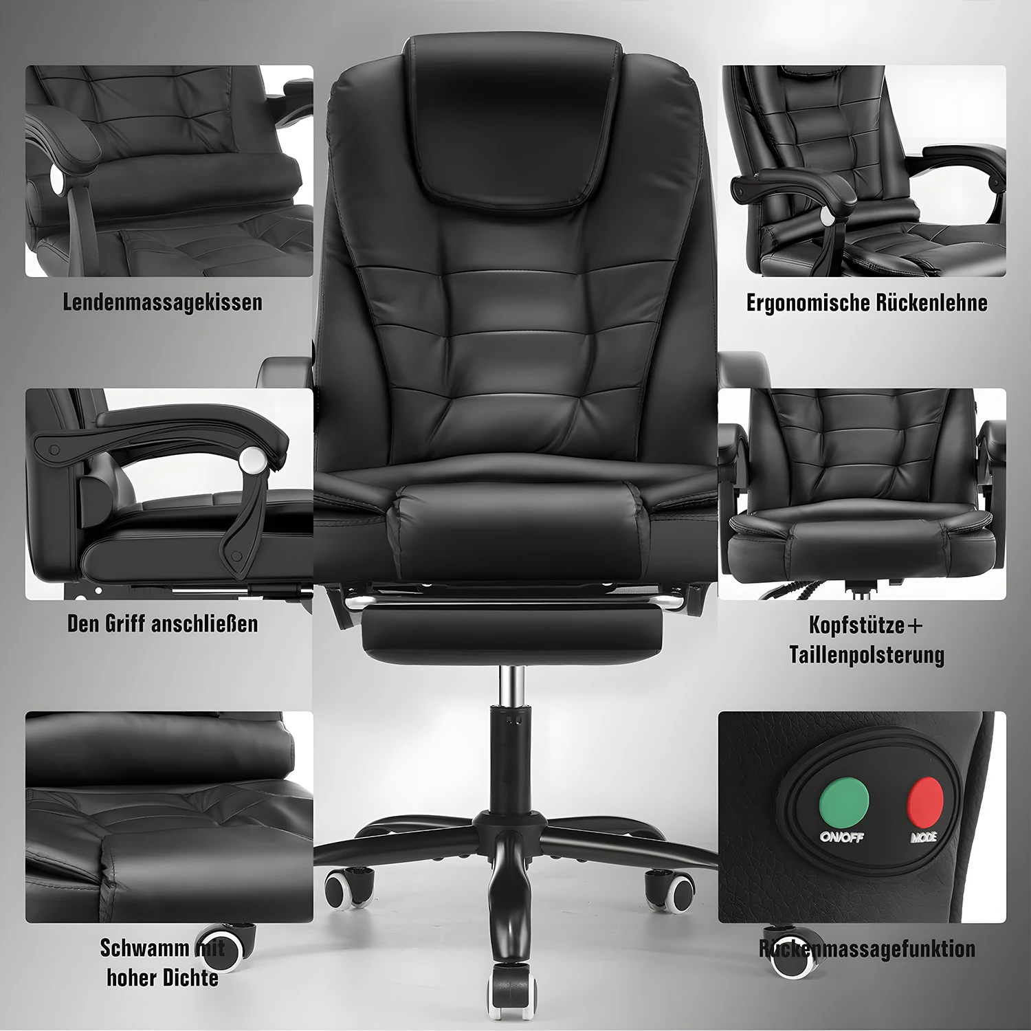 Bürostuhl mit Massagefunktion mit Fußstütze , ergonomisches Design mit großer Sitzpolsterung, Lendenwirbelstütze, Rollen, für reibungslose Mobilität im Büro, Schwarz