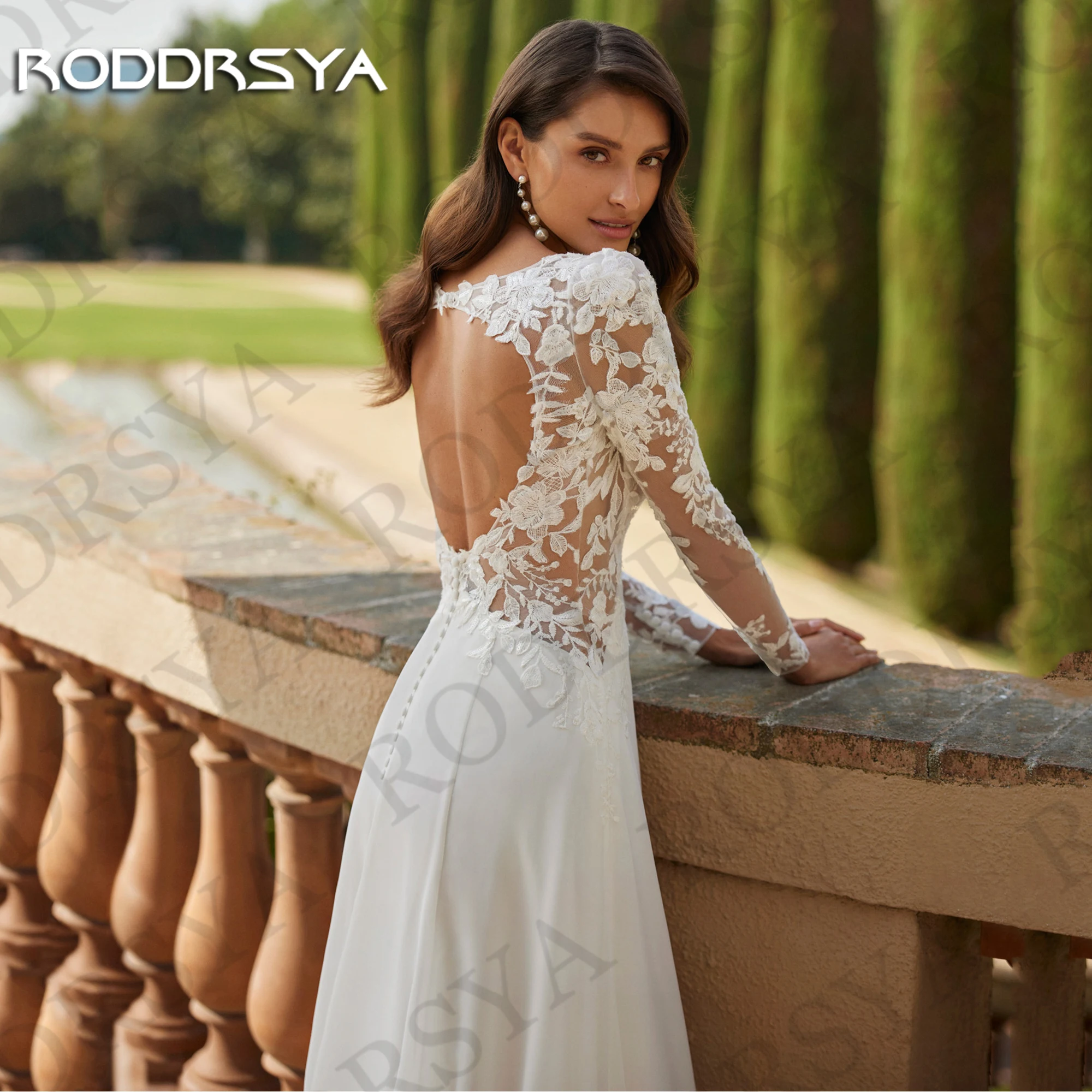 RODDRSYA Graceful Backless Wedding Dresses for Bride Boho Illusion Lace Long Sleeves A Line Chiffon Bridal Gown Customized Women