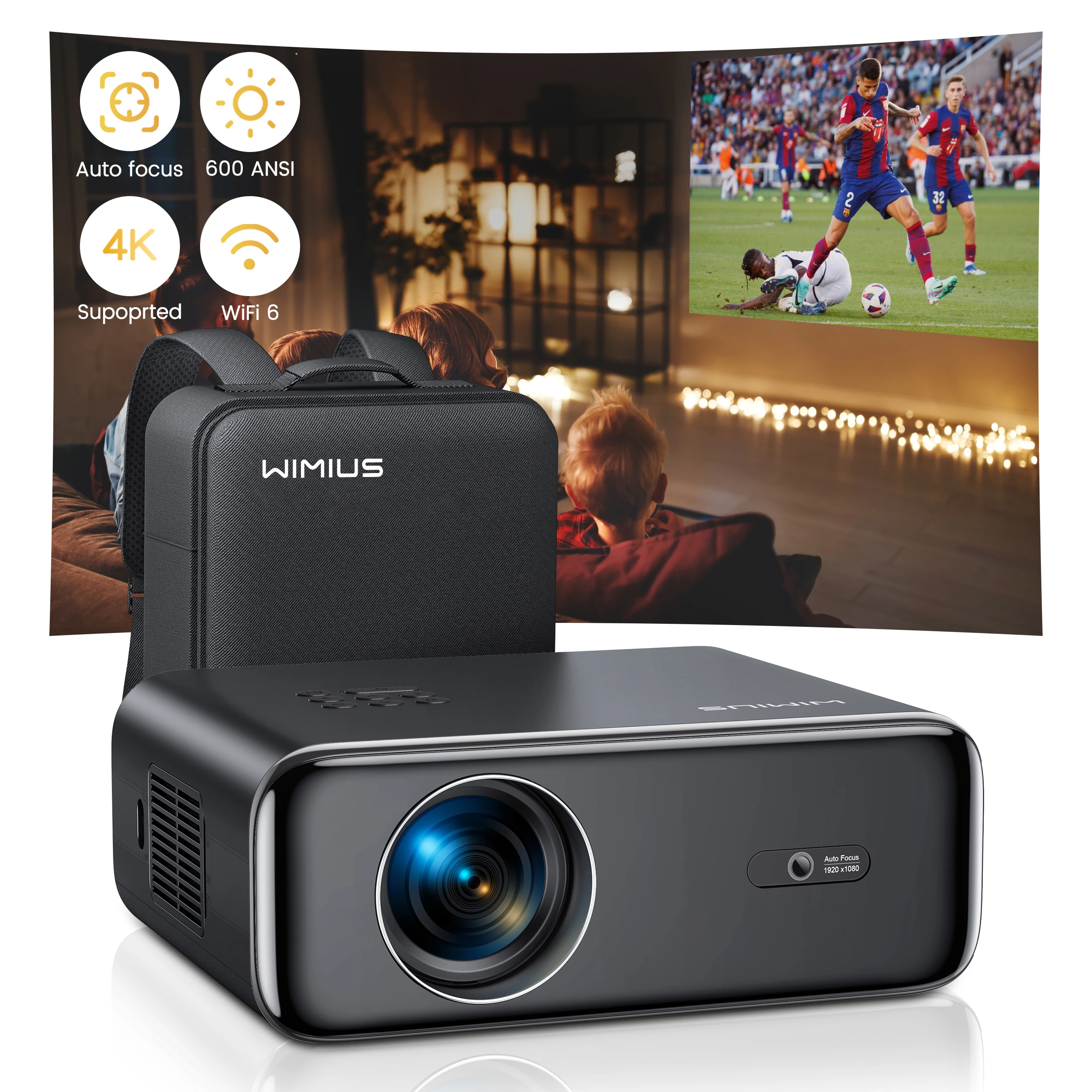 WiMiUS Auto Focus/4K Support Native 1080P Projector with WiFi 6 and Bluetooth 5.2 600ANSI Outdoor Home Projector 6D Keystone
