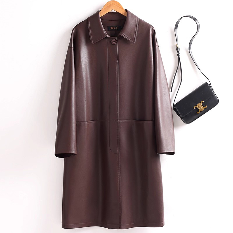 Nouveau Femmes Refente de cuir Manteau Printemps Automne Mode Col rabattu Taille ample Trench en Refente de cuir décontracté Simplicité Manteau long pour femme