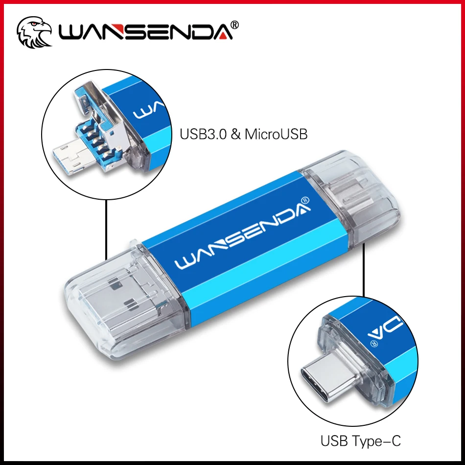Флэш-накопитель WANSENDA 3 в 1 OTG USB 3.0 / USB TYPE C / Micro USB Pen Drive 32 ГБ USB Stick 3.0 64 ГБ 128 ГБ 256 ГБ 512 ГБ Флэш-накопитель