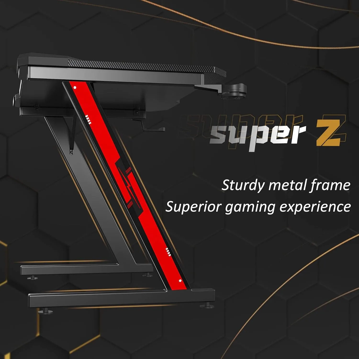 Gaming Computer Desk with Carbon Fiber Surface, Gaming Table Z Shaped Pc Home Office with Cup Holder&Headphone Hook(32 in)