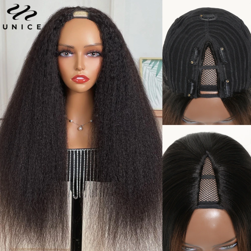 UNice Hair Parrucca diritta crespa con parte a V Parrucca con parte a U 100% capelli umani Senza colla Minimal Leave Out Parrucca con parte a V EasiContour con coulisse