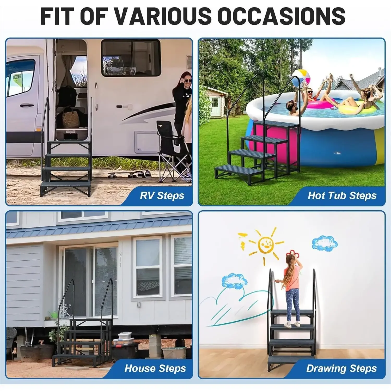 W_RV Steps Spa Steps with Handrail - Hot Tub Steps Trailer Steps Mobile Home Stairs for 5th Wheel RV, Trailer, Hot Tub,