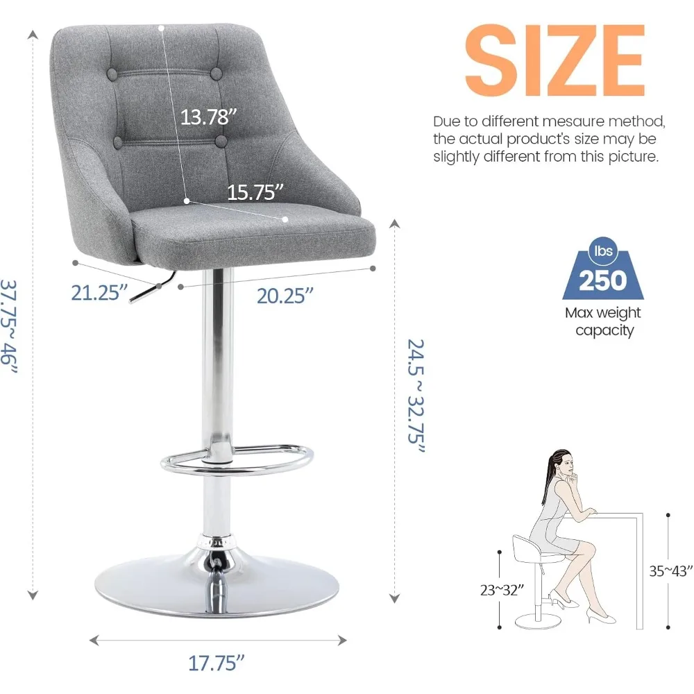 Brage Living Swivel Bar Stool with Back, Adjustable Fabric Tufted Barstool, Upholstered Counter Height Airlift Bar Chair for Kit
