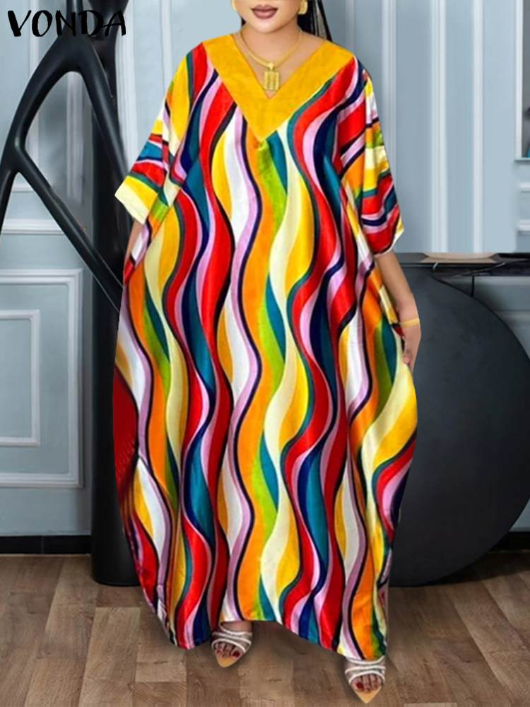Plus Größe VONDA 2024 Frauen Bohemian Kleid Herbst Gedruckt Satin Maxi Lange Sommerkleid V-ausschnitt Fledermaus Ärmel Casual Lose Party Vestidos