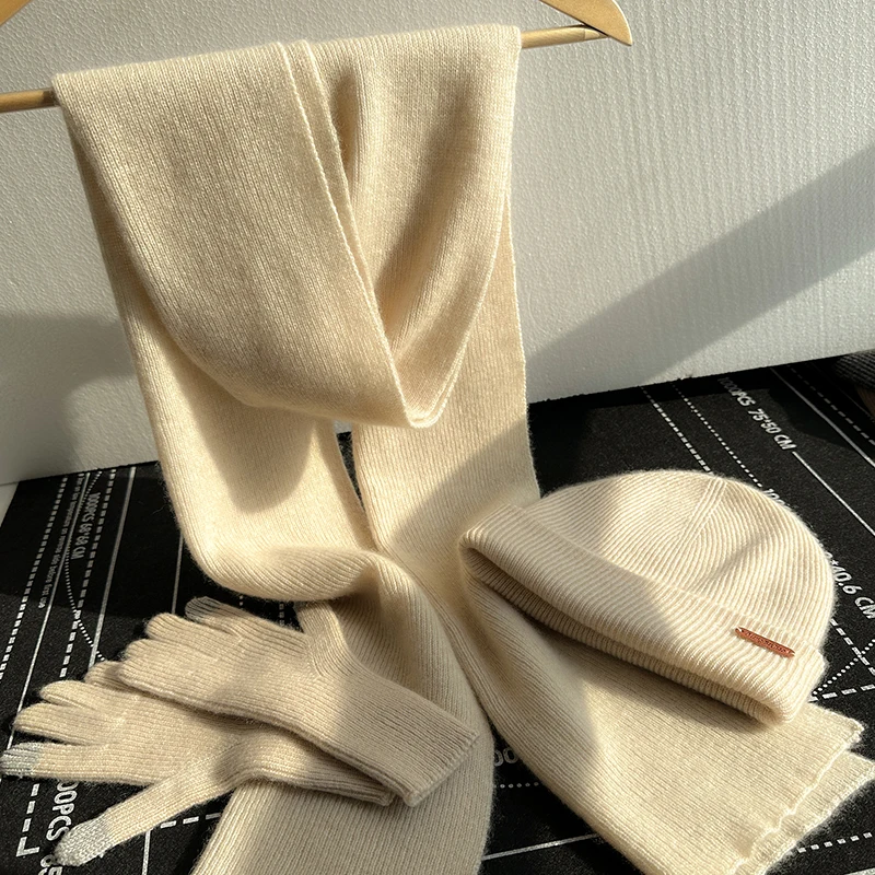 Bufanda + guantes + sombrero de cachemira pura 100% de alta calidad, conjunto de 3 piezas para hombres y mujeres, guantes cálidos y de moda para invierno con pantalla táctil