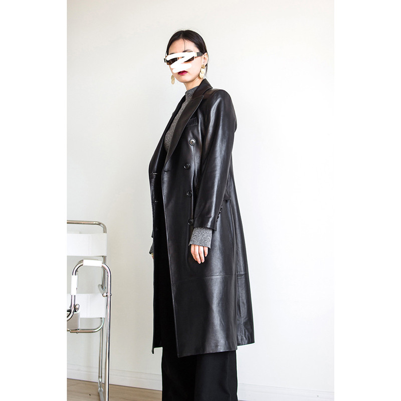 Casaco de pele de carneiro trespassado feminino, roupa de couro comprida, gola de terno, blusão genuíno, OL primavera e outono