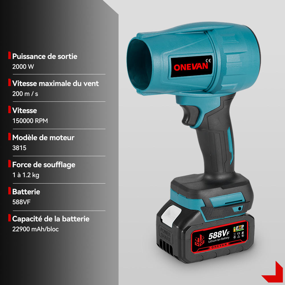 ONEVAN-Souffleurs turbo électriques sans balais, souffleur air puissant,ventilateur à jet, sèche-linge de voiture violent, déterminer la poussière, outil de soufflage pour batterie Makita 18V, 2000W, 200 m/s