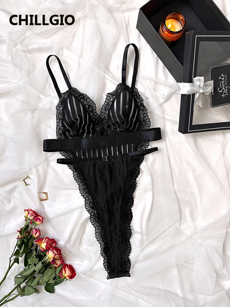 CHILLGIO-Catsuit de una pieza a rayas para mujer, lencería íntima Sexy, mono elegante ajustado con tiras, mono de malla transparente ajustado