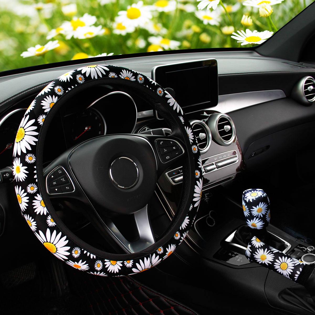 3-teiliges Stoff-Spinnennetz-Auto mit Karomuster, ohne Innenring, Lenkradbezug, Handbremsabdeckung, Griffabdeckung