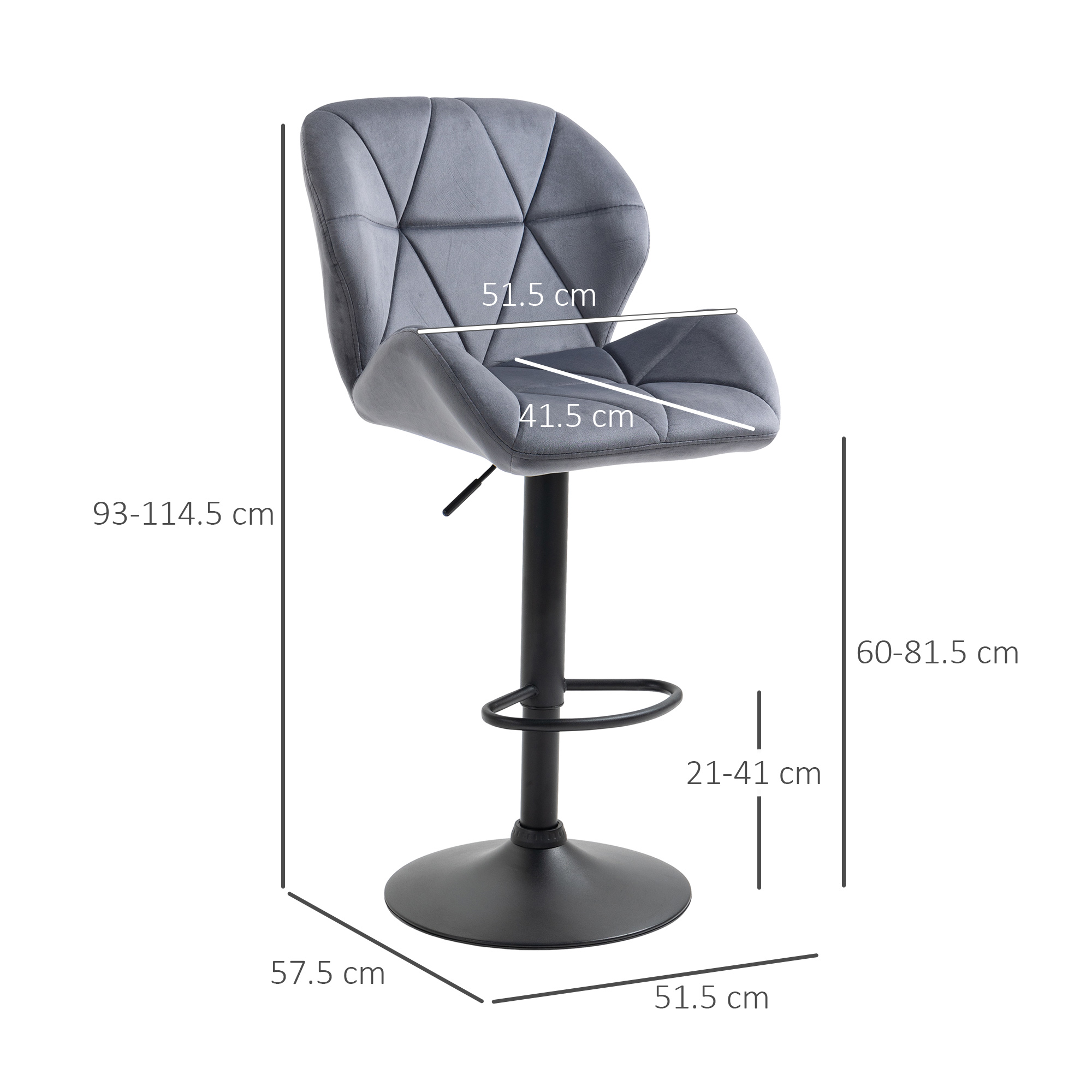HOMCOM Bar Stool Set of 2 Fabric Adjustable Height Counter Chairs Dark Grey