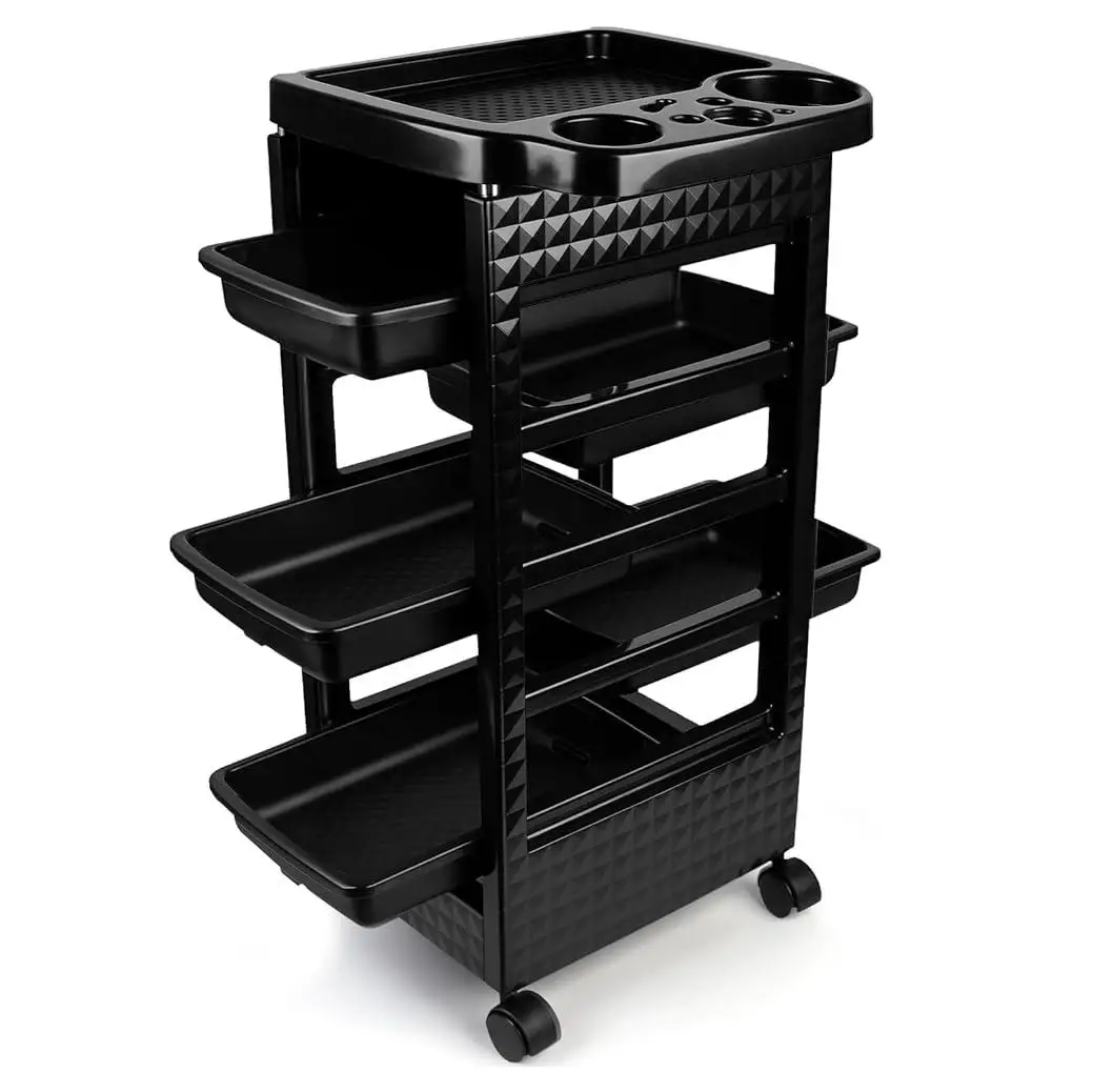 5-Tier Black Salon Hairdressing Rolling Cart with Wheels – Mobile Storage Trolley for Cosmetology, Makeup, Nail Supplies