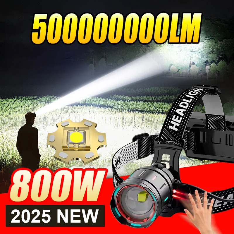 2025 nuevo faro LED de alta potencia 800W 500000000LM Zoom superbrillante faro impermeable al aire libre Camping trabajo caza linterna