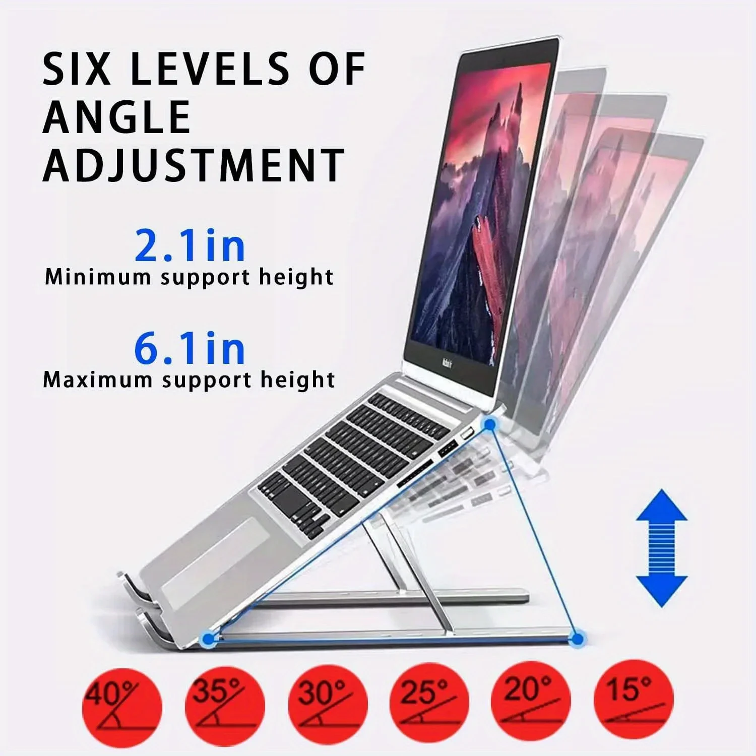Soporte de aluminio ajustable para computadora portátil: altura de 6 niveles, diseño plegable y portátil para computadoras portátiles de 8-16 pulgadas, ventilación y calor mejorados