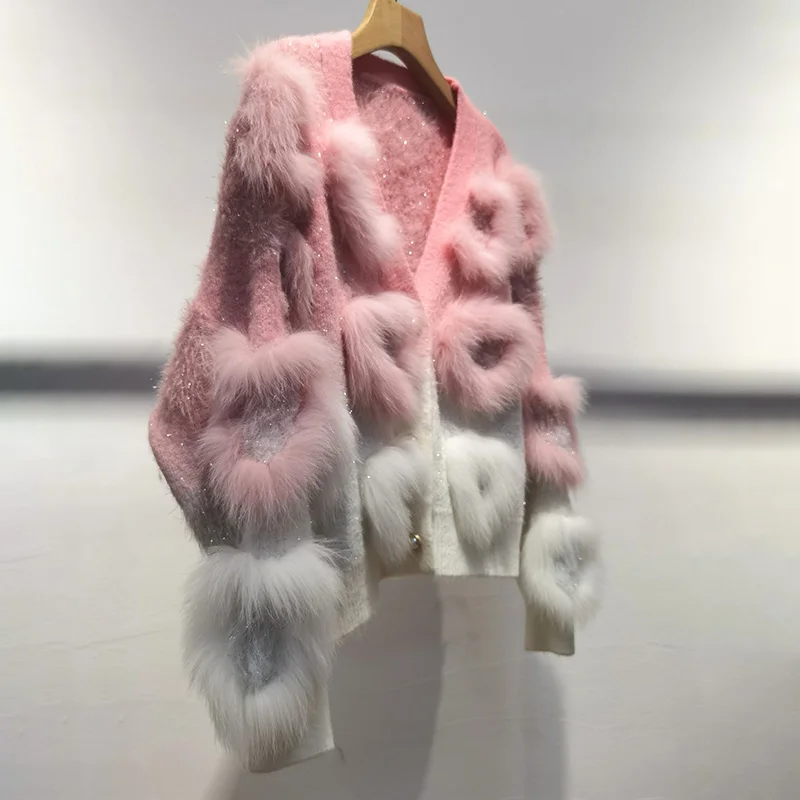 Frauen schöne V-Ausschnitt lose gestrickte Strickjacke mit echtem Fuchs Pelz besatz lose Liebe genäht weibliche Langarm warm Hit Farbe Pullover