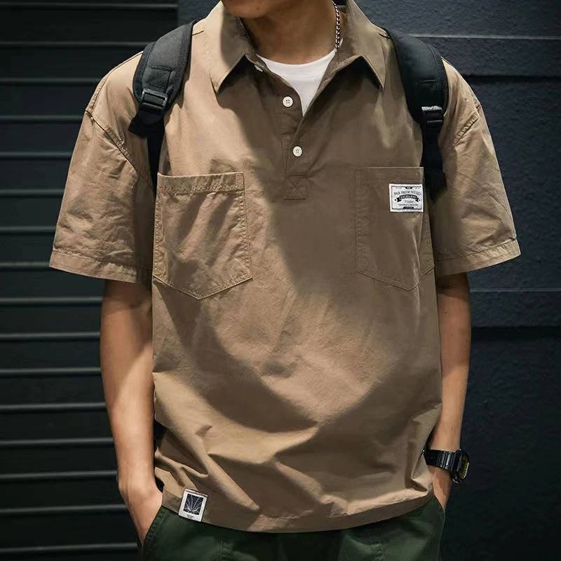 Korea Amerikanischen Casual männer T-shirt Sommer Werkzeug Stil Kurzarm Neue Tasche Hemd Kragen männer Kleidung Lose Plus größe Top