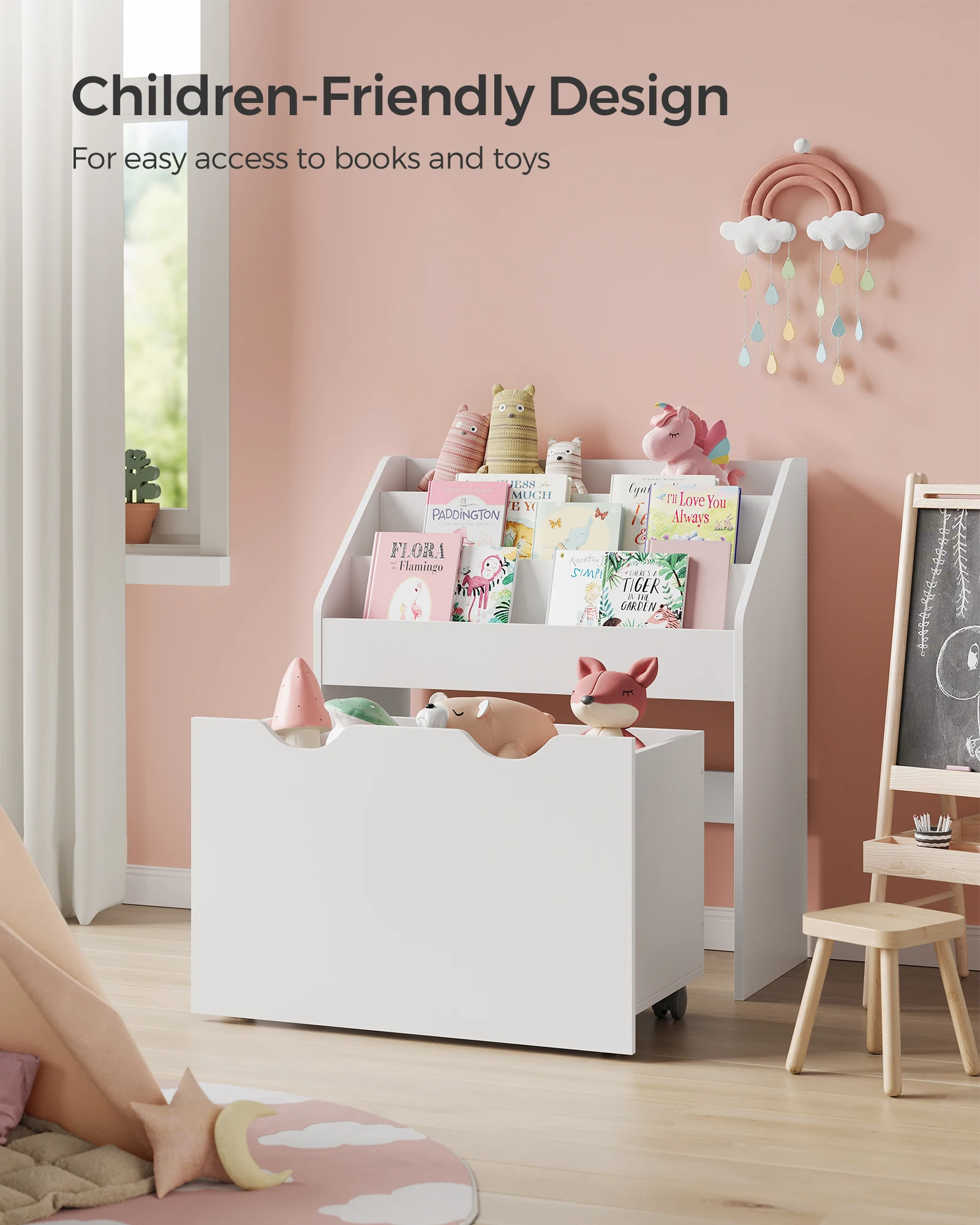 SONGMICS Kids Bookshelf and Toy Organizer, Toy Storage Chest and Bookcase with 3 Shelves, Storage Box with Wheels, Multipurpose