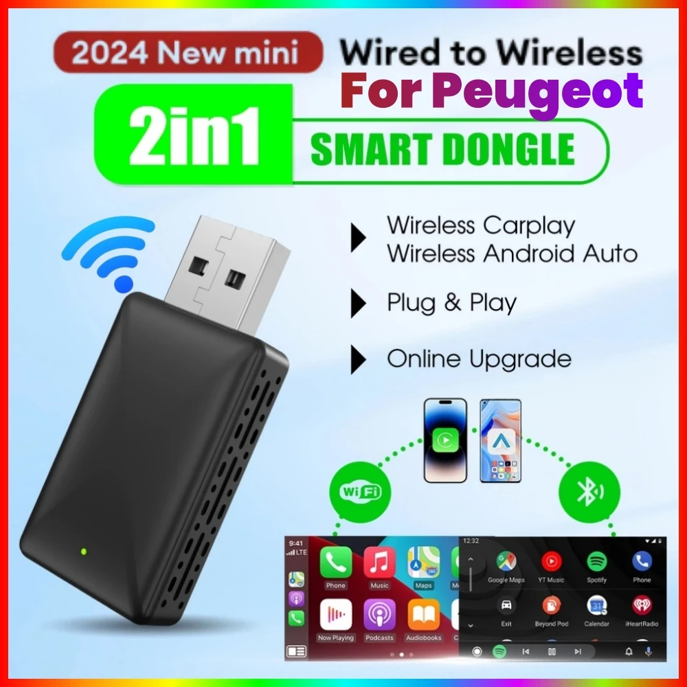 Draadloze Carplay Adapter Android Auto Draadloze Smart Dongle 2in1 Voor Peugeot 208 308 408 508 2008 3008 4008 5008