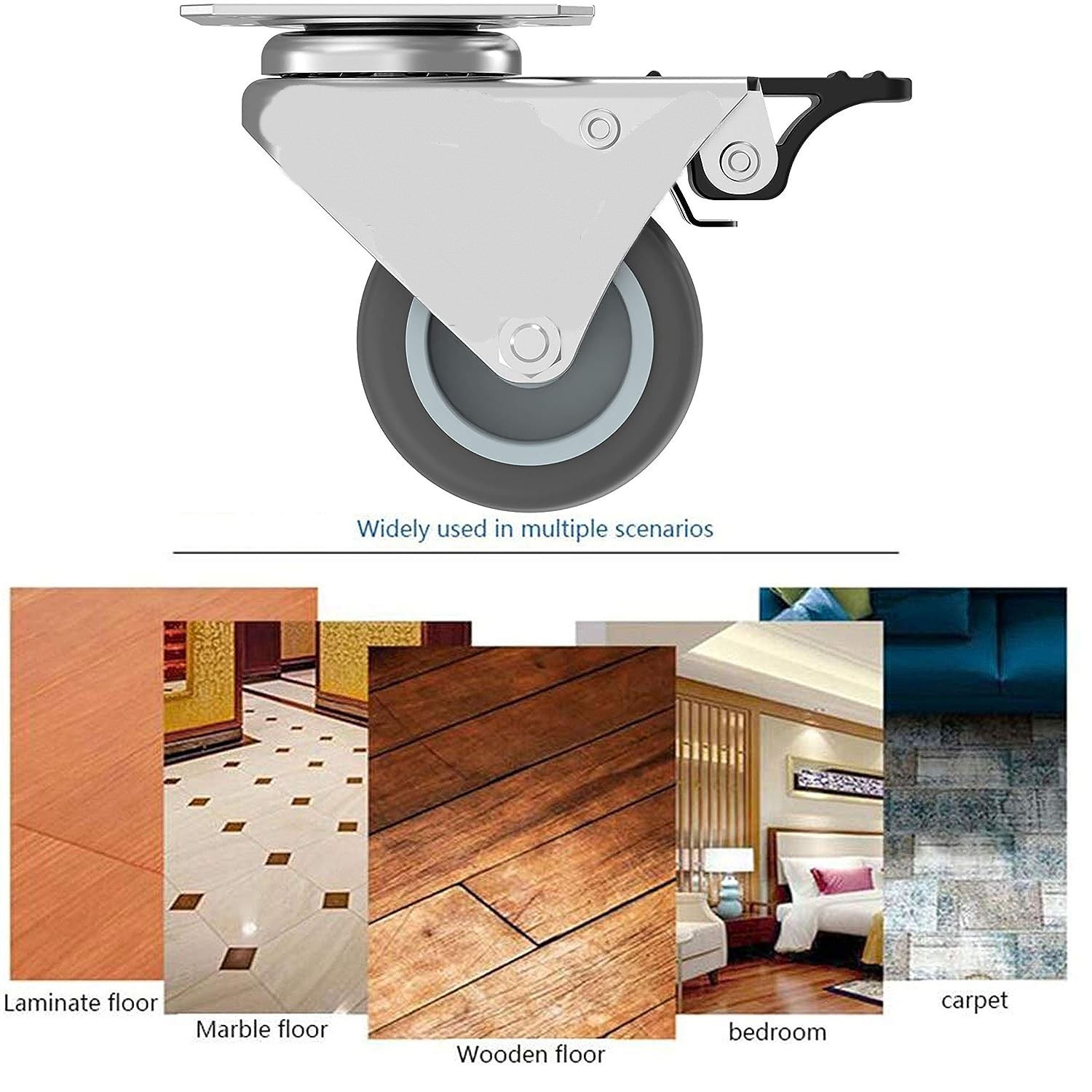 Rodízios de placa resistentes de 4 pacotes, carga de 362,87 kg, rodas giratórias silenciosas com trava, carrinho de móveis, durável, acabamento prateado