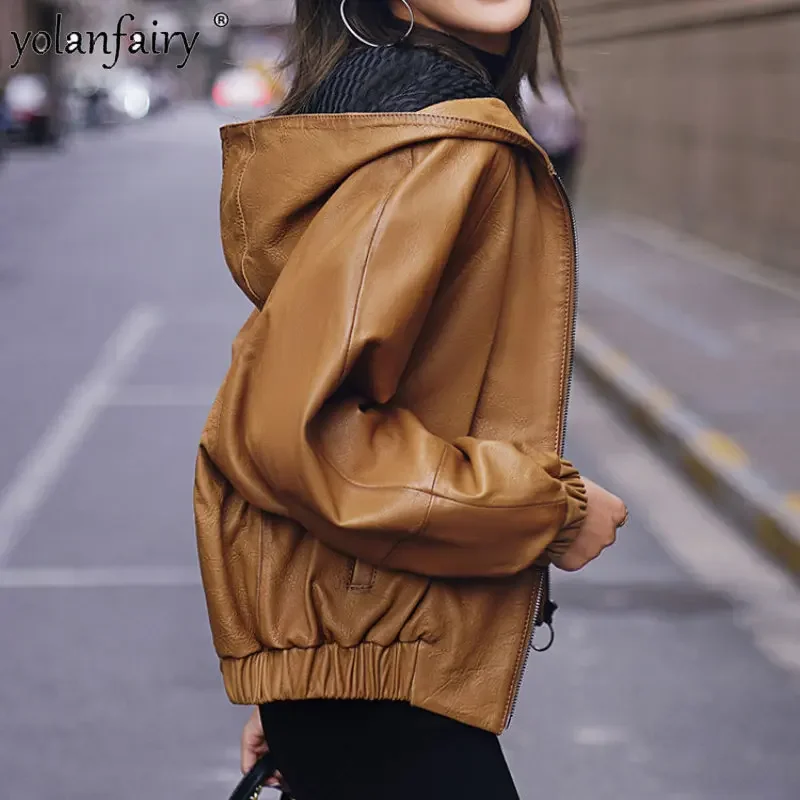 Chaqueta de cuero genuino con capucha para mujer, abrigo corto de piel de oveja Natural para motocicleta, alta calidad, primavera y otoño, 2023
