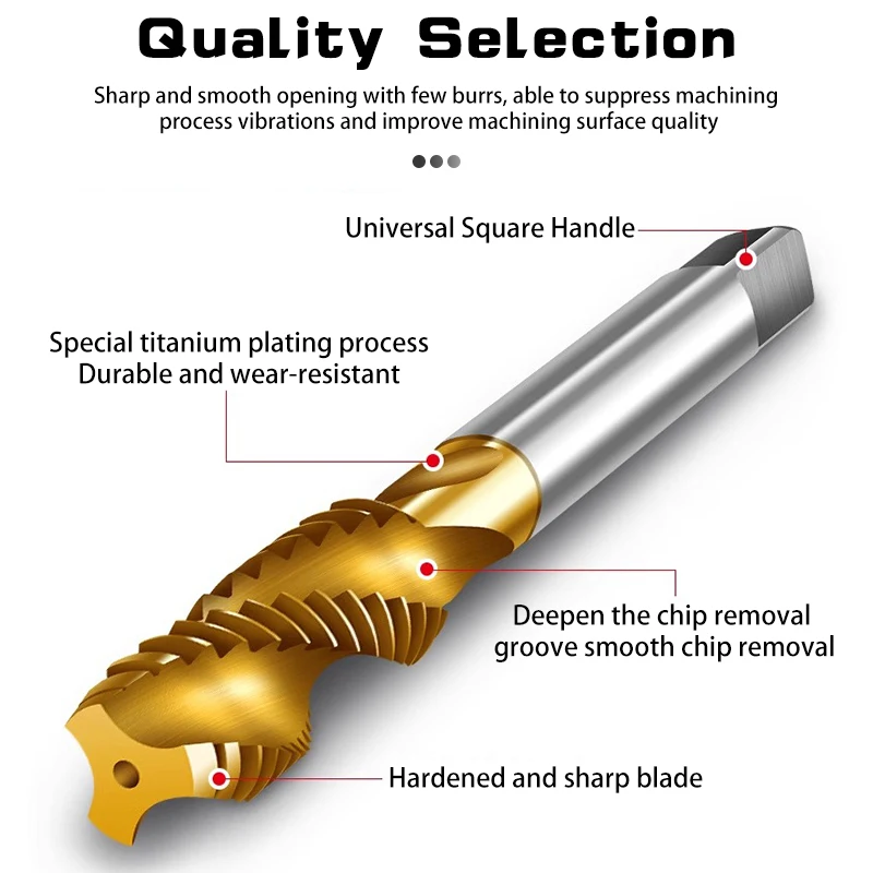 Grifo de punta en espiral HSS chapado en titanio métrico, grifo de flauta en espiral M2 M2.5 M3 M4 M5 M6 M7 M8 M10 M12, rosca de tornillo de grifo de máquina