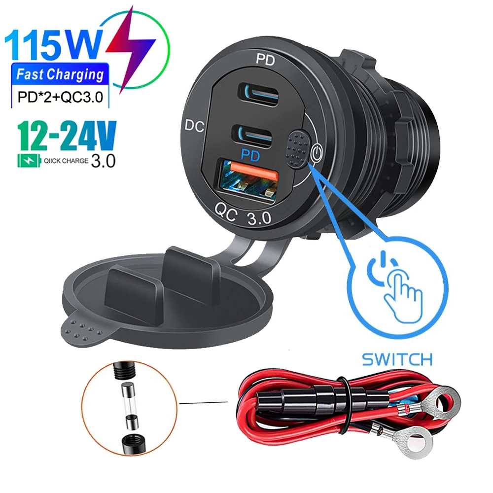 115w Auto ladegerät qc 3,0 und pd Typ c drei USB-Auto ladegerät buchse mit Voltmeter schalter Aluminium Metall Schnell lade adapter