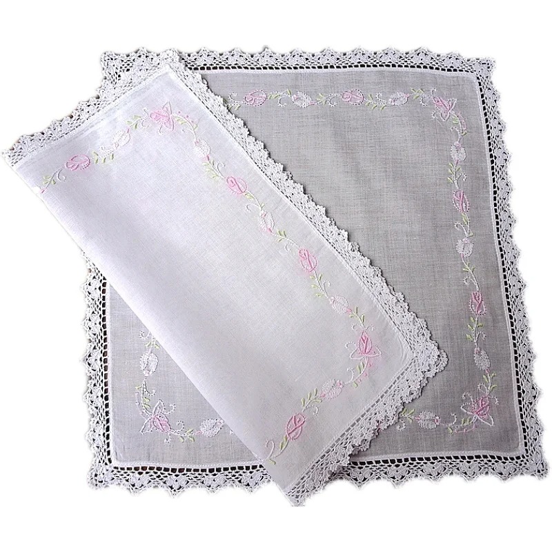 Mouchoir rétro pour femmes, bord à crochet brodé à la main, écharpe cubique couverte, lettre à la main, fond blanc, 31cm, Rose Rose