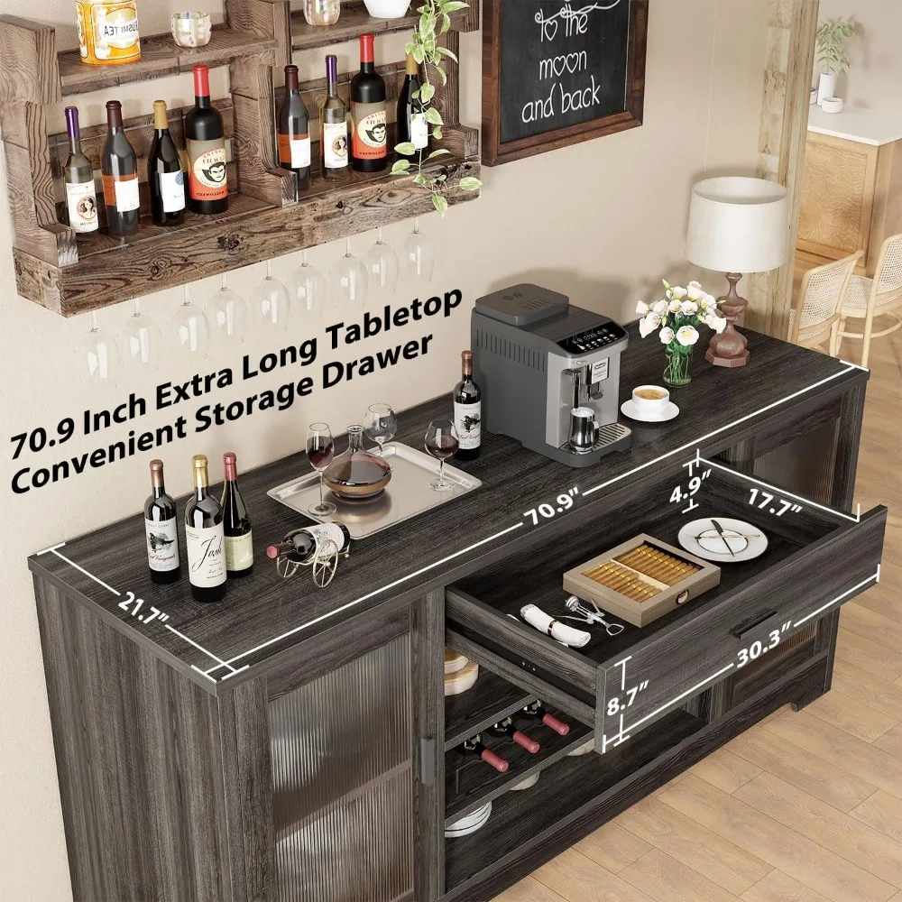 Coffee Bar Cabinet with Wine Mini Fridge Space, Farmhouse Large Liquor Cooler Cabinets with Drawer Storage Rack, Modern Wood Me