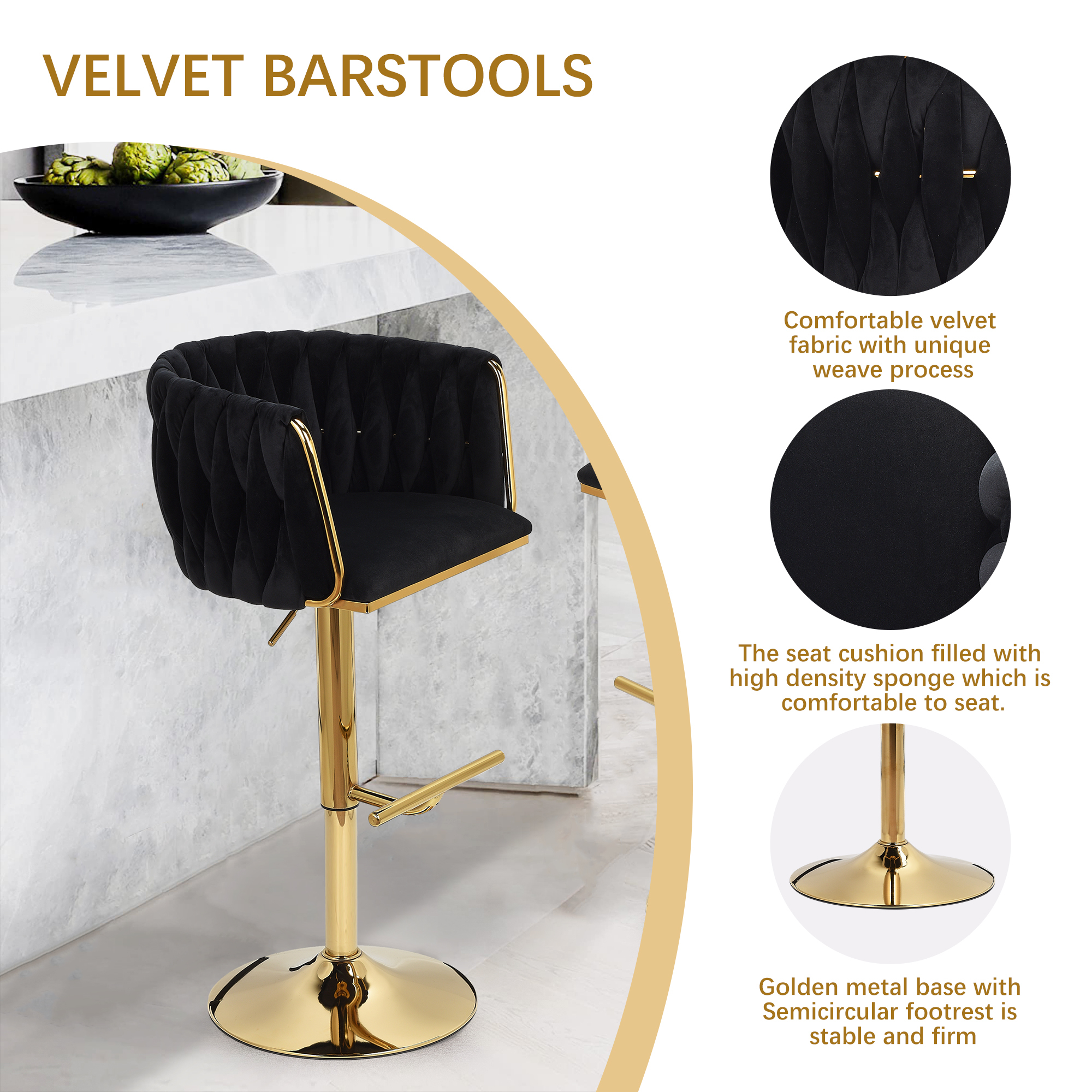 360 °   Drehbarer Barhocker, 2er-Set, Samt-Barhocker in Thekenhöhe, höhenverstellbare Barstühle für Küche, Wohnzimmer, Schwarz
