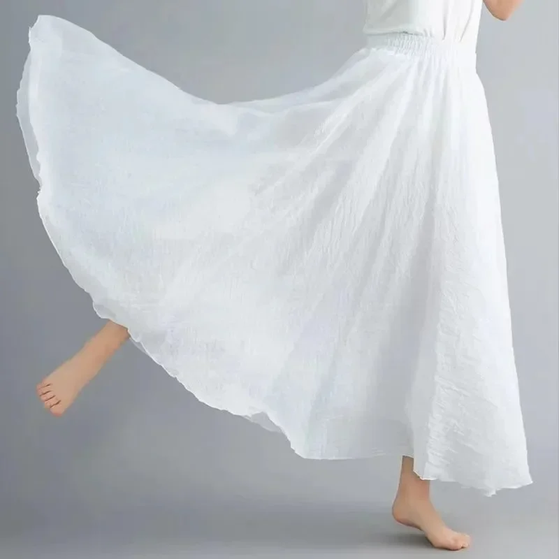 2025 Falda de mujer Boho Beach - Lino Mezcla de algodón Cintura elástica Maxi largo plisado, falda casual de verano vintage Faldas Saia