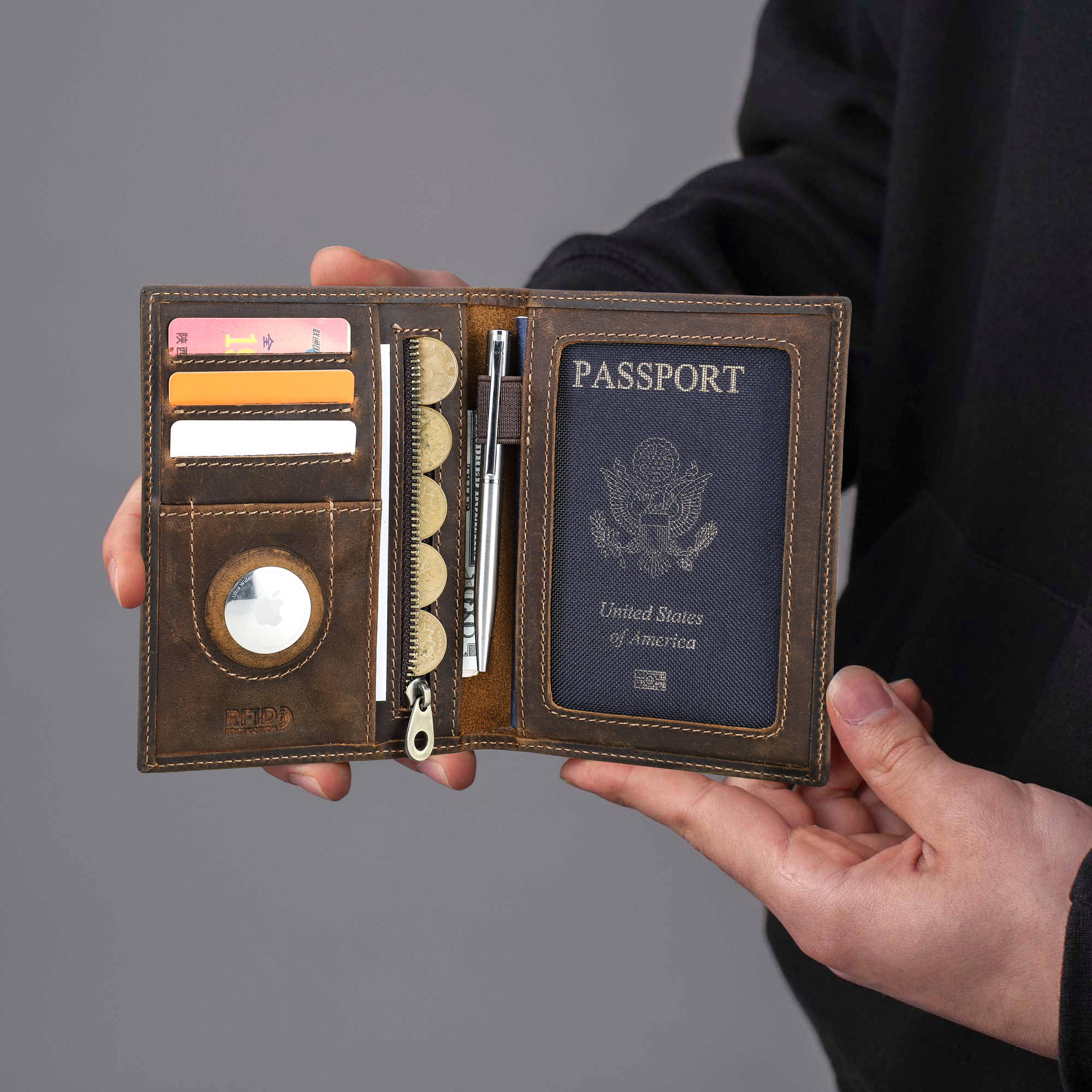 Cartera de viaje de cuero genuino CONTACT'S con porta pasaporte, tarjetero de crédito comercial con bloqueo RFID, monedero antipérdida