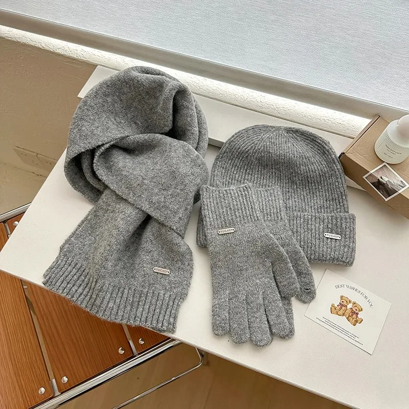 Gorro de punto, bufanda, guantes, conjunto de tres piezas, lana de color sólido, gorro cálido y versátil para otoño e invierno, bufanda informal a prueba de viento