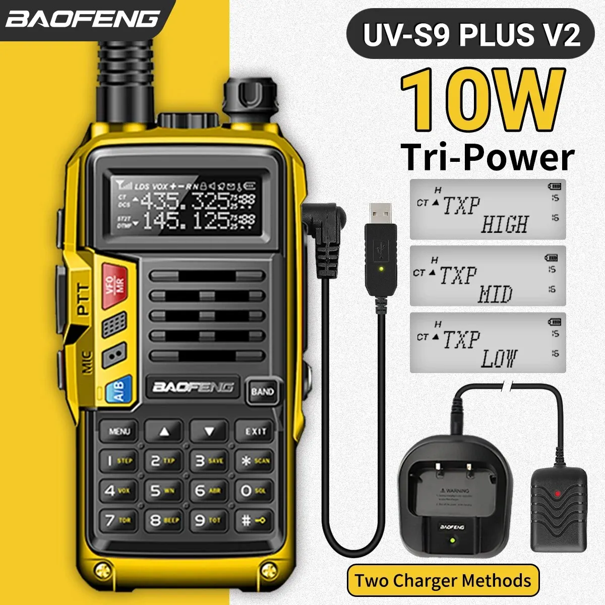 BAOFENG UV S9 Plus V2 10W potente Walkie Talkie cargador USB 16 KM transceptor de doble banda portátil de largo alcance UV 5R Radio bidireccional
