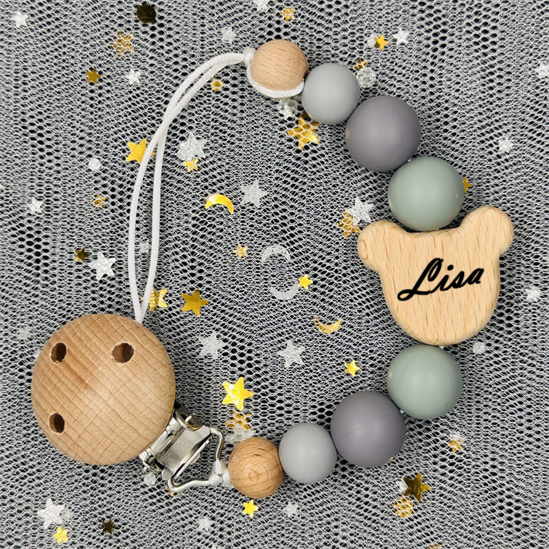 Clip de chaîne de sucette en bois pour bébé, nom personnalisé, perle en Silicone, porte-mamelon factice avec nom, pendentif de dentition, cadeau pour nouveau-né