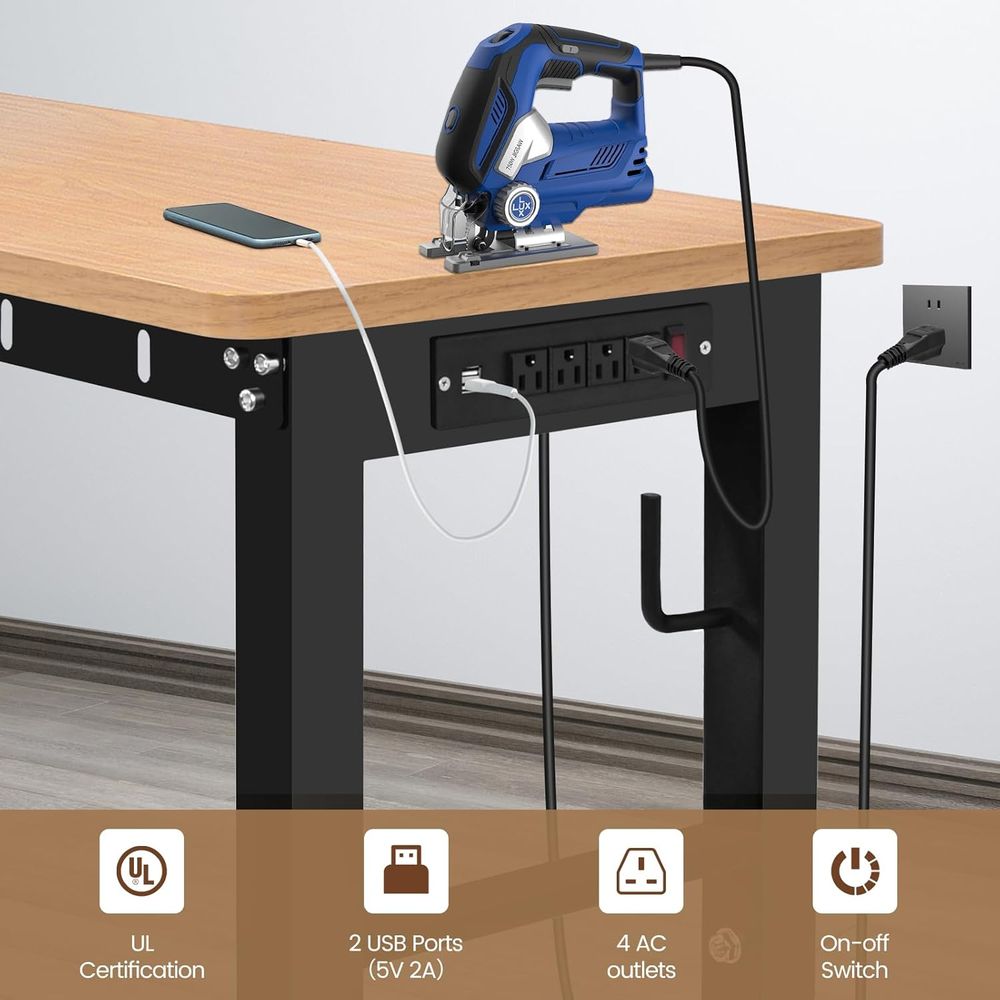 48" Adjustable Workbench with Power Outlet, Work Table with Wheels 1500 LBS Rubber Wood Workstation or Garage, Workshop, Oice, H