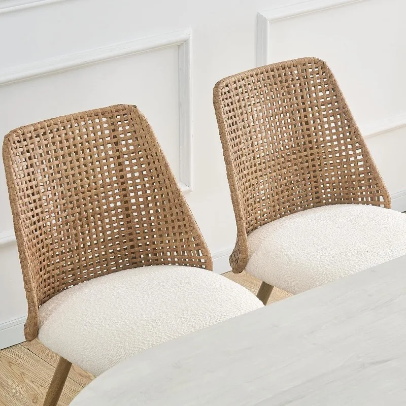 Rattan Counter Height Bar Stools Set of 2, 26" Boucle Fabric Upholstered Barstools with PE Rattan Cane Back, Bar Chairs Counter