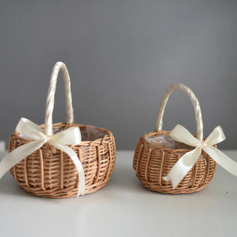 Cesta de flores tejida, cesta de almacenamiento de ratán, cesta de mano para niña, cesta de flores hecha a mano para decoración del hogar y la boda
