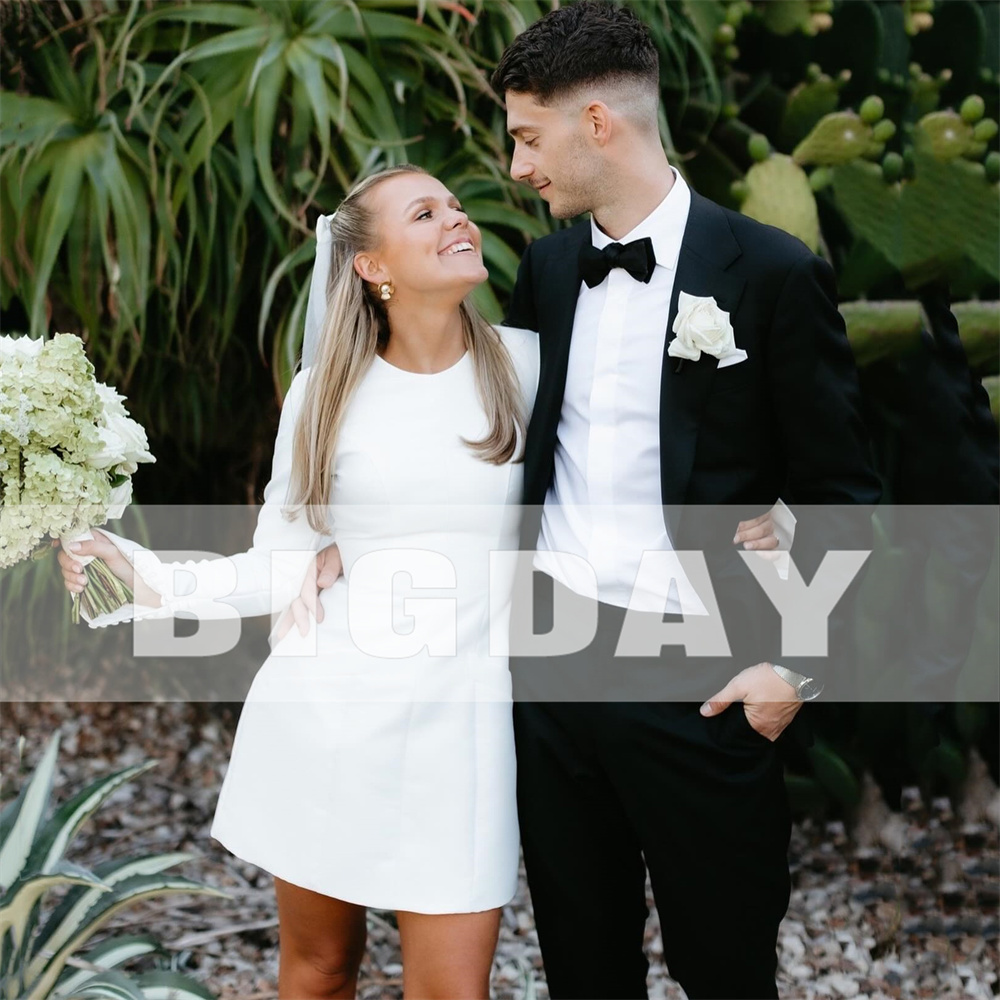 우아한 짧은 웨딩 원피스 긴팔 O-넥 버튼, 지퍼 등, 심플한 신부 가운, 무릎 위, 맞춤형