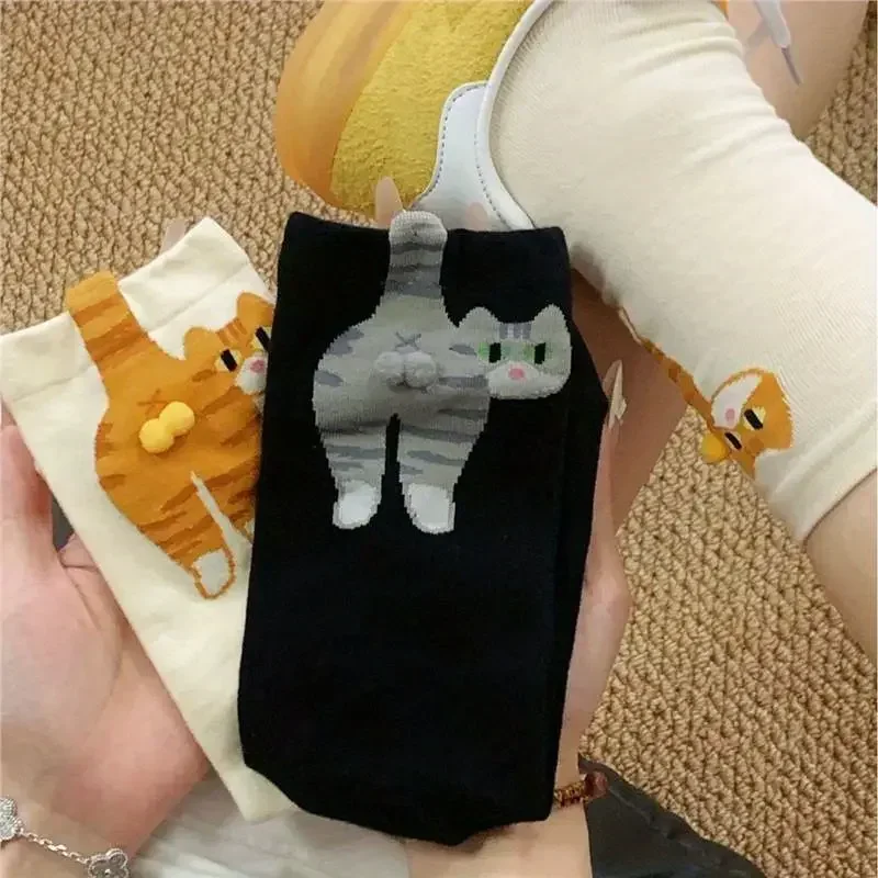 Cartoon Cat and Dingdong Egg Pattern  Maternity Couple Socks for Spring and Summer Medium-Cut Daily Wear Ins Style Women’s Socks