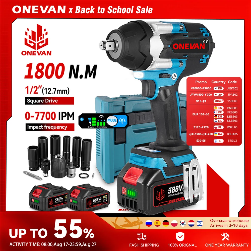 ONEVAN 1800N.M Brushless Electric Impact Wrench 1/2'' Screwdriver Cordless Torque Wrench Power Tool For Makita 18V Battery Pin