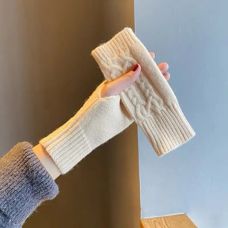 Warm Wool Fingerless Wrist Gloves Women Winter Knitted Half Finger Arm Cover Long Sleeve Gothic Crochet Twist Pattern Mittens
